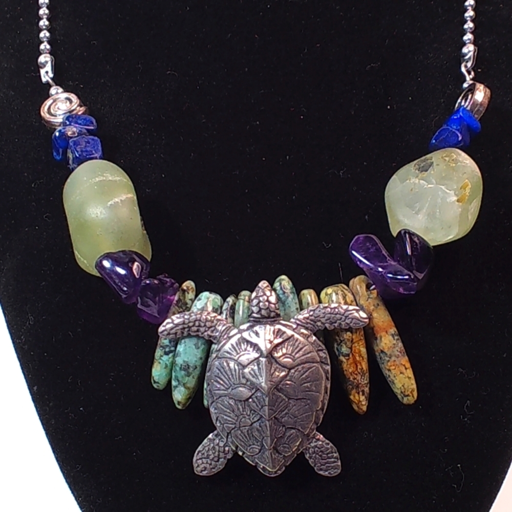 Feifish Brand Natural Stone Sea Turtle Necklace w/ Turquoise, Lapis, & Amethyst